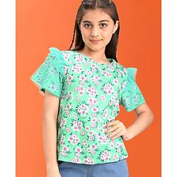 Pine Kids 100% Cotton Half Sleeves Floral Print Top - Green