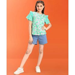 Pine Kids 100% Cotton Half Sleeves Floral Print Top - Green