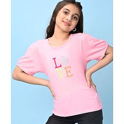 Pine Kids Cotton Knit Half Sleeves T-Shirt Text Embroidery - Pink