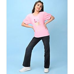 Pine Kids Cotton Knit Half Sleeves T-Shirt Text Embroidery - Pink