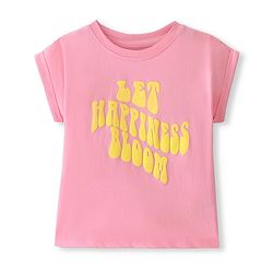 Pine Kids Cotton Knit Half Sleeves T-Shirt Happiness Print - Pink