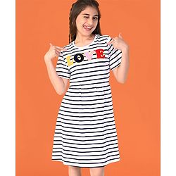 Pine Kids Cotton Half Sleeves Striped Frock with Puffed Text - Snow White