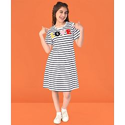 Pine Kids Cotton Half Sleeves Striped Frock with Puffed Text - Snow White
