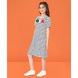 Pine Kids Cotton Half Sleeves Striped Frock with Puffed Text - Snow White