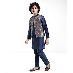Pine Kids Woven Full Sleeves Kurta Pyjama Set with Embroidered Jacket - Navy Blue