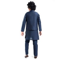 Pine Kids Woven Full Sleeves Kurta Pyjama Set with Embroidered Jacket - Navy Blue