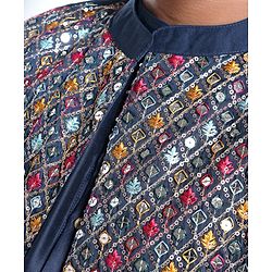 Pine Kids Woven Full Sleeves Kurta Pyjama Set with Embroidered Jacket - Navy Blue