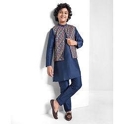 Pine Kids Woven Full Sleeves Kurta Pyjama Set with Embroidered Jacket - Navy Blue