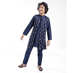 Pine Kids Woven Full Sleeves Kurta Pyjama Set with Embroidered Jacket - Navy Peony