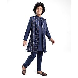 Pine Kids Woven Full Sleeves Kurta Pyjama Set with Embroidered Jacket - Navy Peony