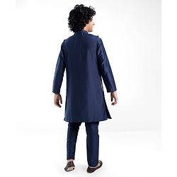 Pine Kids Woven Full Sleeves Kurta Pyjama Set with Embroidered Jacket - Navy Peony