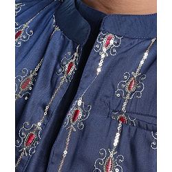 Pine Kids Woven Full Sleeves Kurta Pyjama Set with Embroidered Jacket - Navy Peony