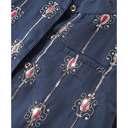 Pine Kids Woven Full Sleeves Kurta Pyjama Set with Embroidered Jacket - Navy Peony