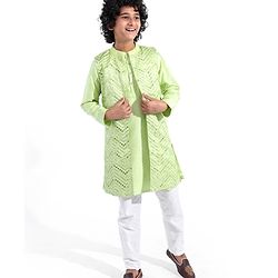 Pine Kids Woven Full Sleeves Solid Colour Kurta & Pajama Set with Mirror Worked Jacket - Lime Green