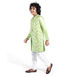 Pine Kids Woven Full Sleeves Solid Colour Kurta & Pajama Set with Mirror Worked Jacket - Lime Green