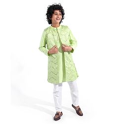 Pine Kids Woven Full Sleeves Solid Colour Kurta & Pajama Set with Mirror Worked Jacket - Lime Green