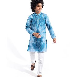 Pine Kids Woven Full Sleeves Floral Embroidered Kurta Pyjama Set - Blue