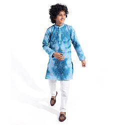 Pine Kids Woven Full Sleeves Floral Embroidered Kurta Pyjama Set - Blue