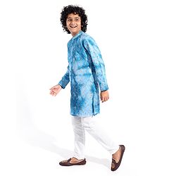 Pine Kids Woven Full Sleeves Floral Embroidered Kurta Pyjama Set - Blue