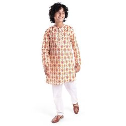 Pine Kids 100% Cotton Woven Full Sleeves Kurta & Pyjama Set With Ikat Print - White