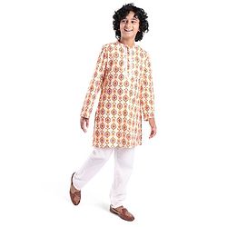 Pine Kids 100% Cotton Woven Full Sleeves Kurta & Pyjama Set With Ikat Print - White