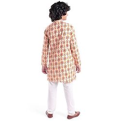 Pine Kids 100% Cotton Woven Full Sleeves Kurta & Pyjama Set With Ikat Print - White