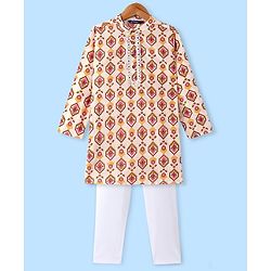 Pine Kids 100% Cotton Woven Full Sleeves Kurta & Pyjama Set With Ikat Print - White