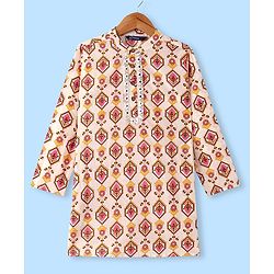 Pine Kids 100% Cotton Woven Full Sleeves Kurta & Pyjama Set With Ikat Print - White