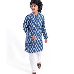 Pine Kids Cotton Woven Full Sleeves Kurta Pyjama Set Leaves Printed - Navy Blue