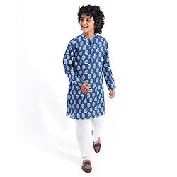 Pine Kids Cotton Woven Full Sleeves Kurta Pyjama Set Leaves Printed - Navy Blue