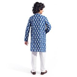 Pine Kids Cotton Woven Full Sleeves Kurta Pyjama Set Leaves Printed - Navy Blue