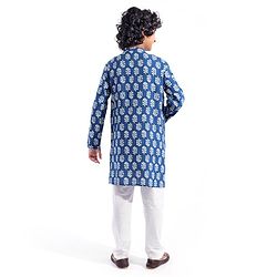 Pine Kids Cotton Woven Full Sleeves Kurta Pyjama Set Leaves Printed - Navy Blue