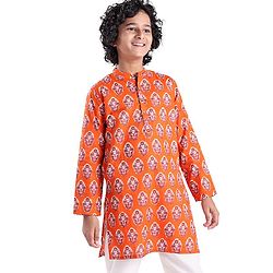 Pine Kids Full Sleeves Floral Printed Cotton Kurta - Orange