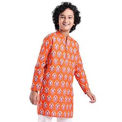 Pine Kids Full Sleeves Floral Printed Cotton Kurta - Orange