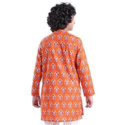 Pine Kids Full Sleeves Floral Printed Cotton Kurta - Orange