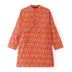 Pine Kids Full Sleeves Floral Printed Cotton Kurta - Orange