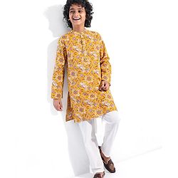 Pine Kids 100% Cotton Woven Full Sleeves Kurta Floral Print - Mustard