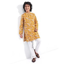 Pine Kids 100% Cotton Woven Full Sleeves Kurta Floral Print - Mustard