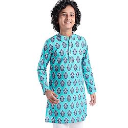 Pine Kids Full Sleeves Floral  Printed Cotton Kurta - Light Blue