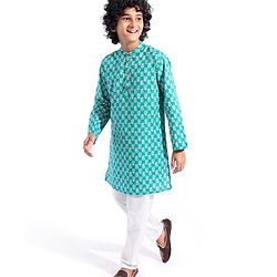 Pine Kids 100% Cotton Knit Full Sleeve Kurta & Dhoti Set With Floral Print - White & Green