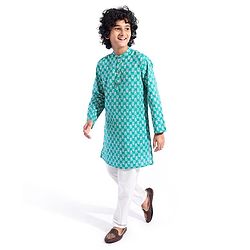 Pine Kids 100% Cotton Knit Full Sleeve Kurta & Dhoti Set With Floral Print - White & Green