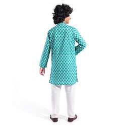 Pine Kids 100% Cotton Knit Full Sleeve Kurta & Dhoti Set With Floral Print - White & Green