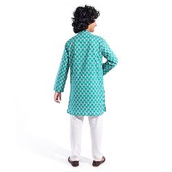 Pine Kids 100% Cotton Knit Full Sleeve Kurta & Dhoti Set With Floral Print - White & Green
