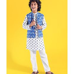 Pine Kids Full Sleeves Floral Printed Kurta Pyjama With Jacket - White & Blue