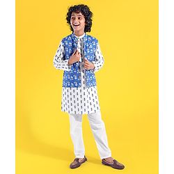 Pine Kids Full Sleeves Floral Printed Kurta Pyjama With Jacket - White & Blue