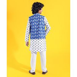 Pine Kids Full Sleeves Floral Printed Kurta Pyjama With Jacket - White & Blue