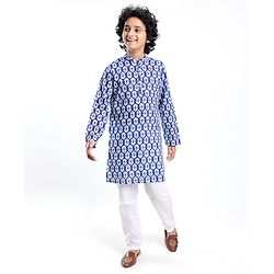 Pine Kids 100% Cotton Woven Full Sleeves Floral Printed Kurta - Blue