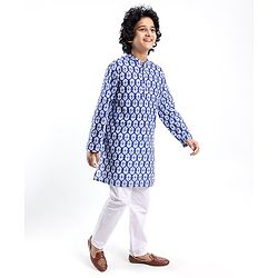 Pine Kids 100% Cotton Woven Full Sleeves Floral Printed Kurta - Blue