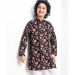 Pine Kids 100% Cotton Woven Full Sleeves Floral Printed Kurta - Black