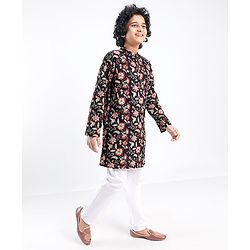 Pine Kids 100% Cotton Woven Full Sleeves Floral Printed Kurta - Black